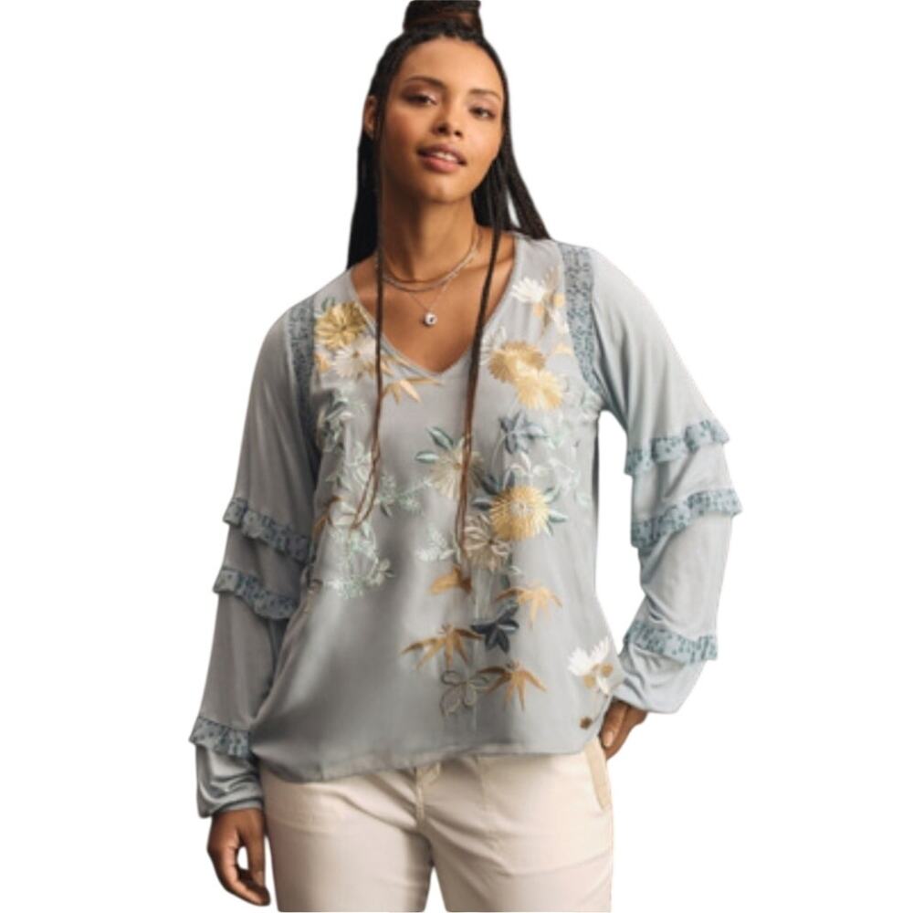 Anthropologie TINY Frances Long-Sleeve Ruffled Top Blue Embroidered Boho Floral‎